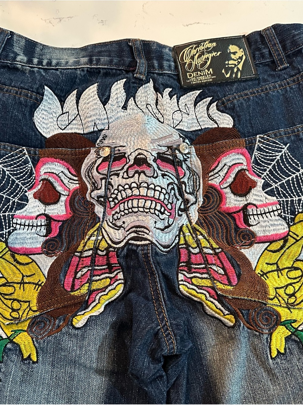 Christian Audigier Embroidered Skull Panel Jeans - Limited Edition